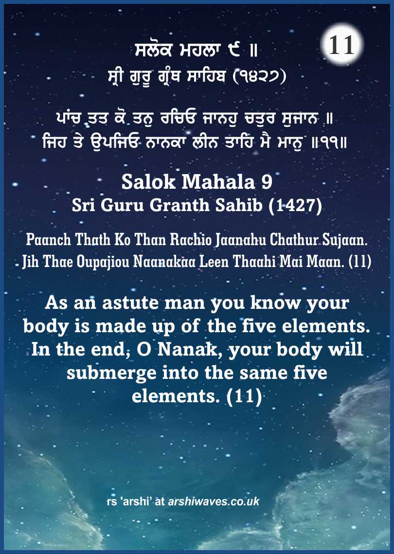 Paanch Thath Ko Than Rachio Jaanahu Chathur Sujaan. Jih Thae Oupajiou Naanakaa Leen Thaahi Mai Maan. (11)