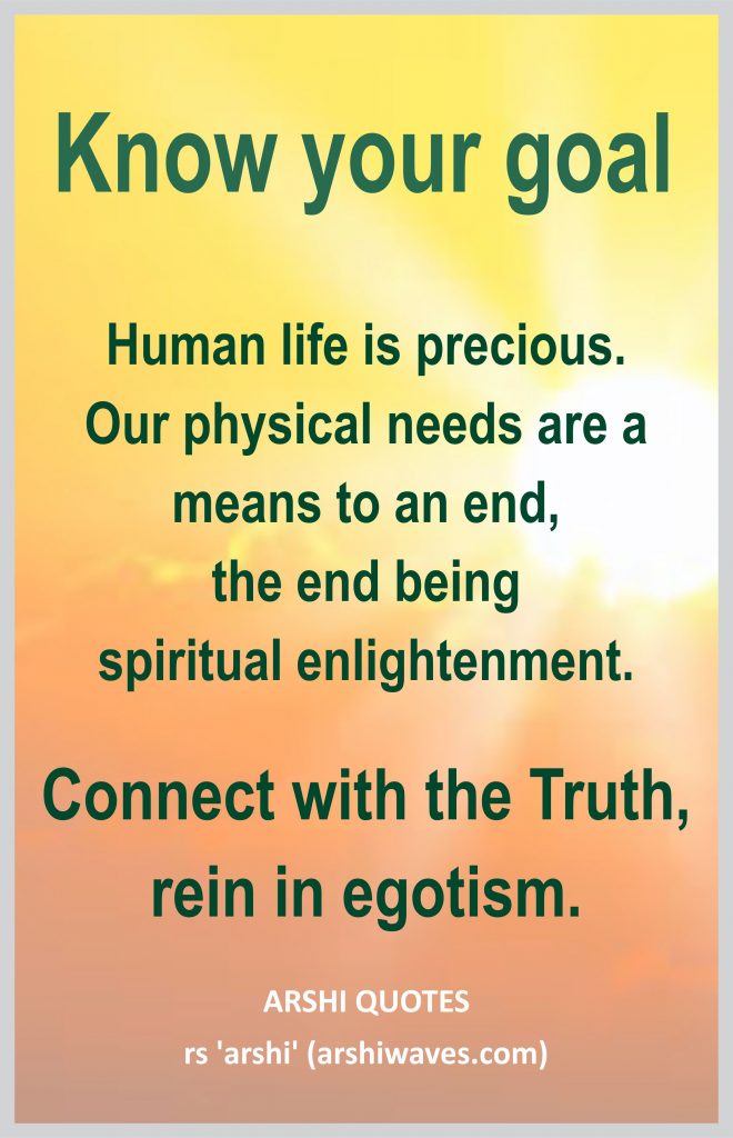 Know your goal

Human life is precious.
Our physical needs are a means to an end,
the end being
spiritual enlightenment.
Connect with the Truth, rein in egotism.