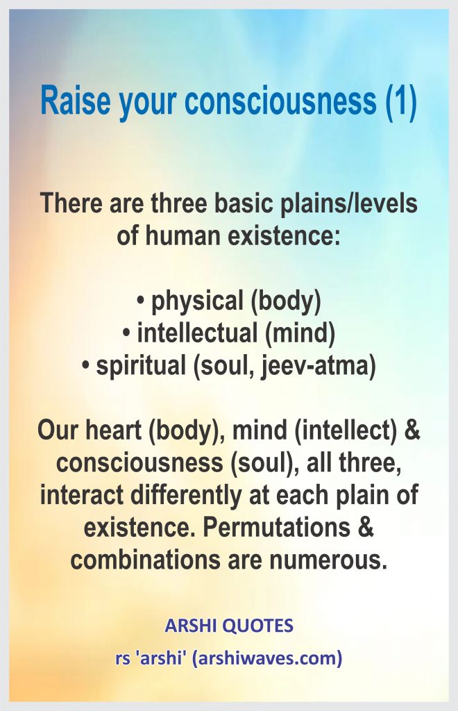 Raise your consciousness (1)

There are three basic plains/levels of human existence:

• physical (body)
• intellectual (mind)
• spiritual (soul, jeev-atma)

Our heart (body), mind (intellect) & consciousness (soul), all three, interact differently at each plain of existence. Permutations & combinations are numerous.