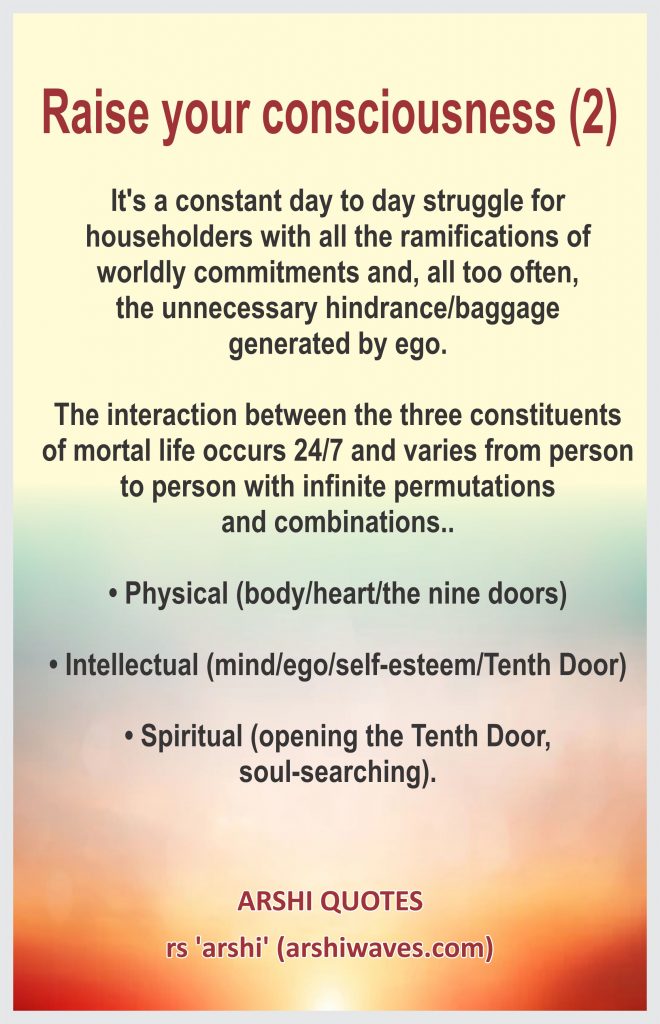 Raise your consciousness (2)

It's a constant day to day struggle for householders with all the ramifications of worldly commitments and, all too often,
the unnecessary hindrance/baggage
generated by ego.

The interaction between the three constituents of mortal life occurs 24/7 and varies from person to person with infinite permutations
and combinations..

• Physical (body/heart/the nine doors)

• Intellectual (mind/ego/self-esteem/Tenth Door)

• Spiritual (opening the Tenth Door,
soul-searching).